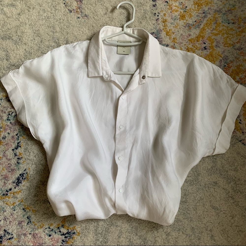 White Collared Button Silky Cupro Short Sleeve Top - image 1
